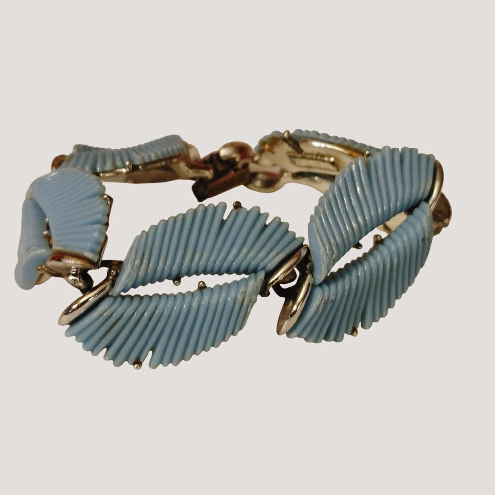 Vintage 1950 BSK Blue Parure Enamel Leaf Link Bracelet Silver Tone Metal 7 Inch